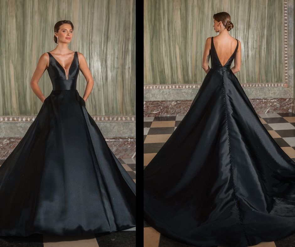 Ein schwarzes Brautkleid aus Satin mit V-förmigen Ausschnitt und tiefem Rückenteil, ist bei Bräuten zur Hochzeit, die ein klares Statement setzen wollen, sehr beliebt.