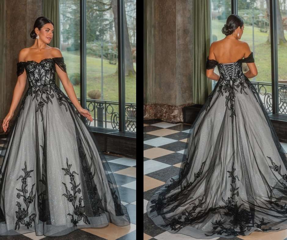 Das Brautkleid mit der schwarzen Spitze hat einen weißen Unterstoff. Hierdurch kommt die Farbe Schwarz auf dem Hochzeitskleid nicht so düster rüber.