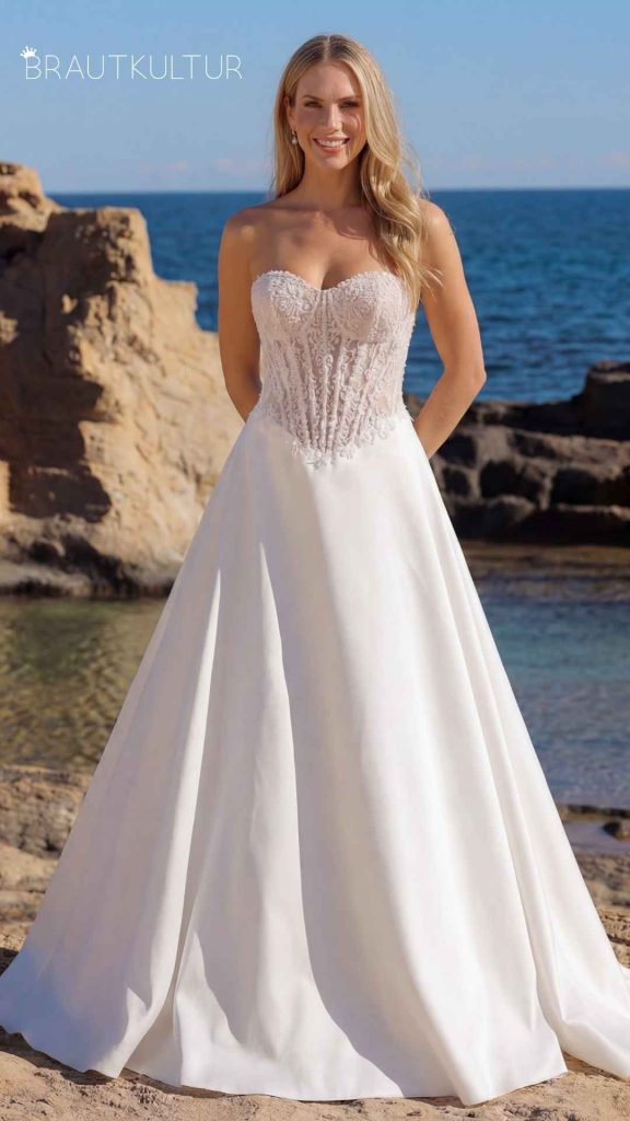 Brautkleid Oberteil Spitze Rock aus glattem Stoff mit dem Namen Satin